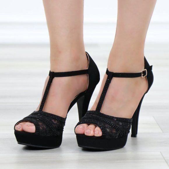 Velvet Platform T Strap Heeled Sandals Transparent Lace - Picture 9 of 9